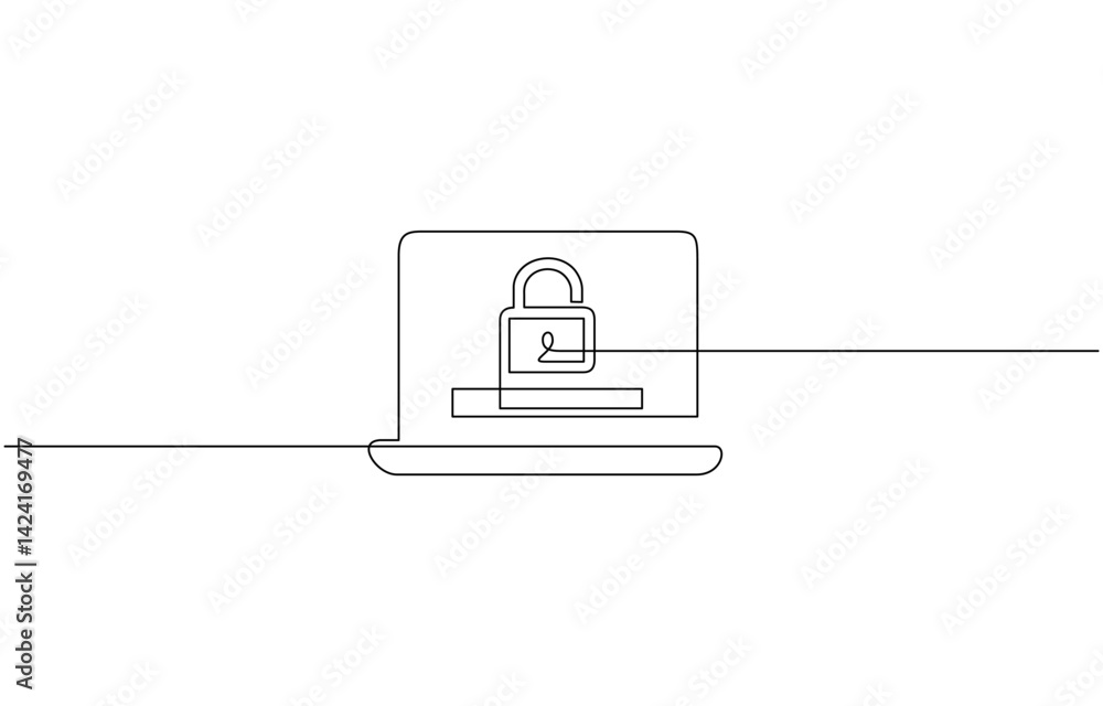 Continuous one single line drawing of laptop and padlock on screen as business concept of cyber security, One Continuous Line Drawing of Computer Security Icon. Single Line Vector Illustration. Continuous one single line drawing of laptop and padlock on screen as business concept of cyber security, One Continuous Line Drawing of Computer Security Icon. Single Line Vector Illustration.