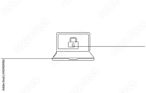 Continuous one single line drawing of laptop and padlock on screen as business concept of cyber security, One Continuous Line Drawing of Computer Security Icon. Single Line Vector Illustration.
