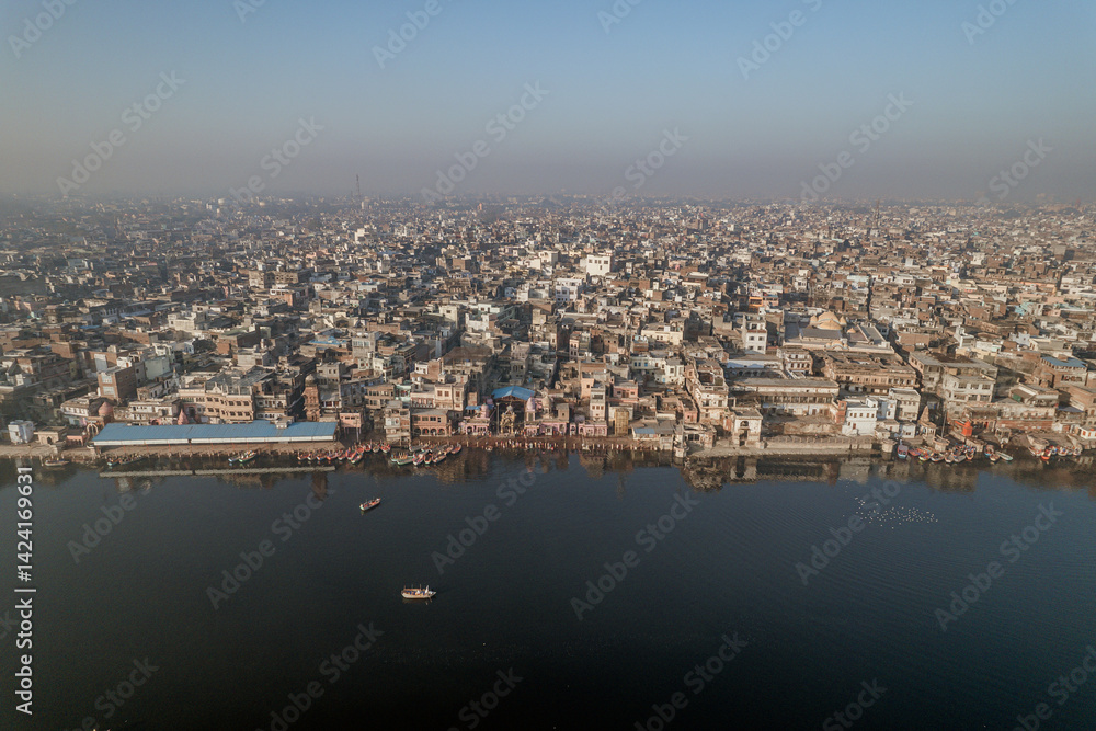 Fototapeta premium Mathura, Uttar Pradesh India: Scene of Vishramghat at yamuna river ghat mathura.