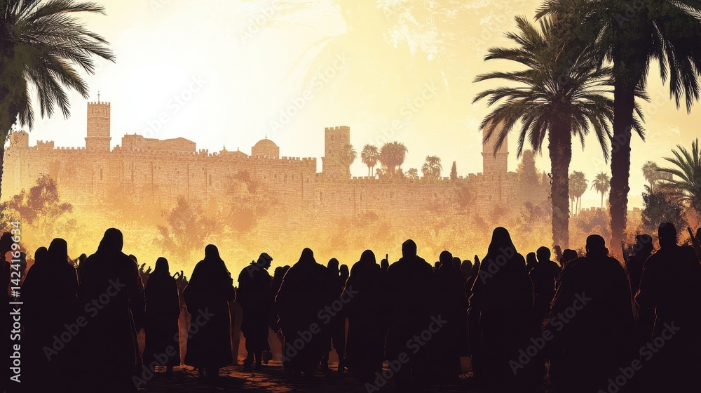 Fototapeta premium Palm sunday. Christ's triumphal entry into Jerusalem. Silhouette of a crowd of people on the background of palm trees and ancient city.