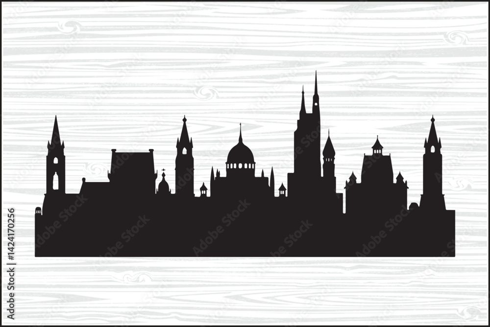 Fototapeta premium Historic City Skyline Silhouette Vector – Classic European ArchitectureUrban Skyline Silhouette with Domes and Towers – PNG SVG EPS BundleBlack Cityscape Silhouette of Iconic Buildings – Vector Il
