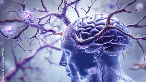 Intricate neural network visualization revealing the complex interconnectivity of brain cells, synapses, and neurological pathways in ethereal blue tones