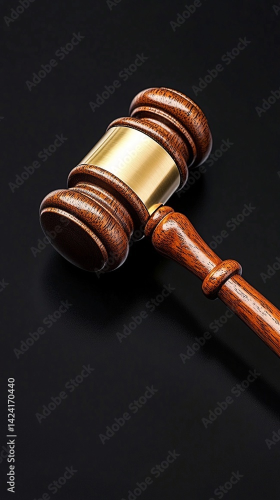 Wooden judge's gavel with polished brass accent symbolizing legal authority, justice system, and judicial decision-making process against a dark background Wooden judge's gavel with polished brass accent symbolizing legal authority, justice system, and judicial decision-making process against a dark background