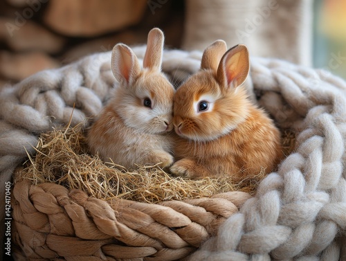 Two Adorable Bunny Rabbits Snuggling in a Woven Basket Filled with Hay, Showcasing the Sweetness and Comfort of the Season, Radiating Innocence and Gentle Affection.