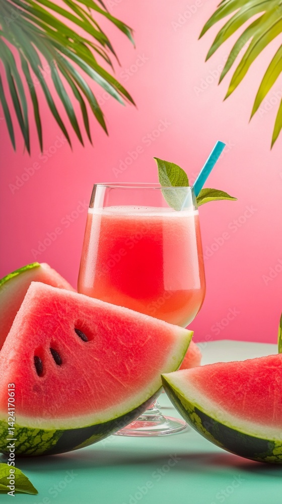 Refreshing watermelon juice in a glass with a blue straw surrounded by fresh watermelon slices, set against a vibrant pink background with green leaves. Refreshing watermelon juice in a glass with a blue straw surrounded by fresh watermelon slices, set against a vibrant pink background with green leaves.