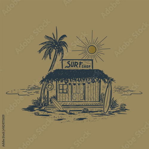 hand drawn illustration graphic design of a small surf shop on the beach with coconut trees beside it