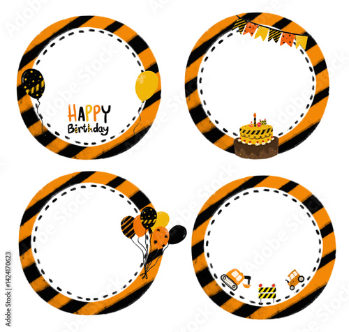 Set collections of cute hand drawn Blank rounded photo text frame in orange black stripe police line construction work site safety road street round circle happy birthday party clipart cutout vector