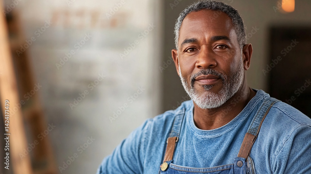 Senior craftsman with grey beard wearing denim overalls posing in his workshop for a portrait Senior craftsman with grey beard wearing denim overalls posing in his workshop for a portrait