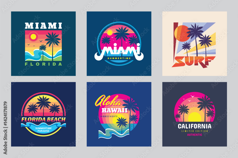 Summer vacations travel logo set graphic design. Logo in vintage style for t-shirt design. Summer, sun, palm tree, sea wave. Vector illustration.