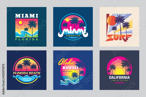 Obraz na płótnie Summer vacations travel logo set graphic design. Logo in vintage style for t-shirt design. Summer, sun, palm tree, sea wave. Vector illustration. w salonie