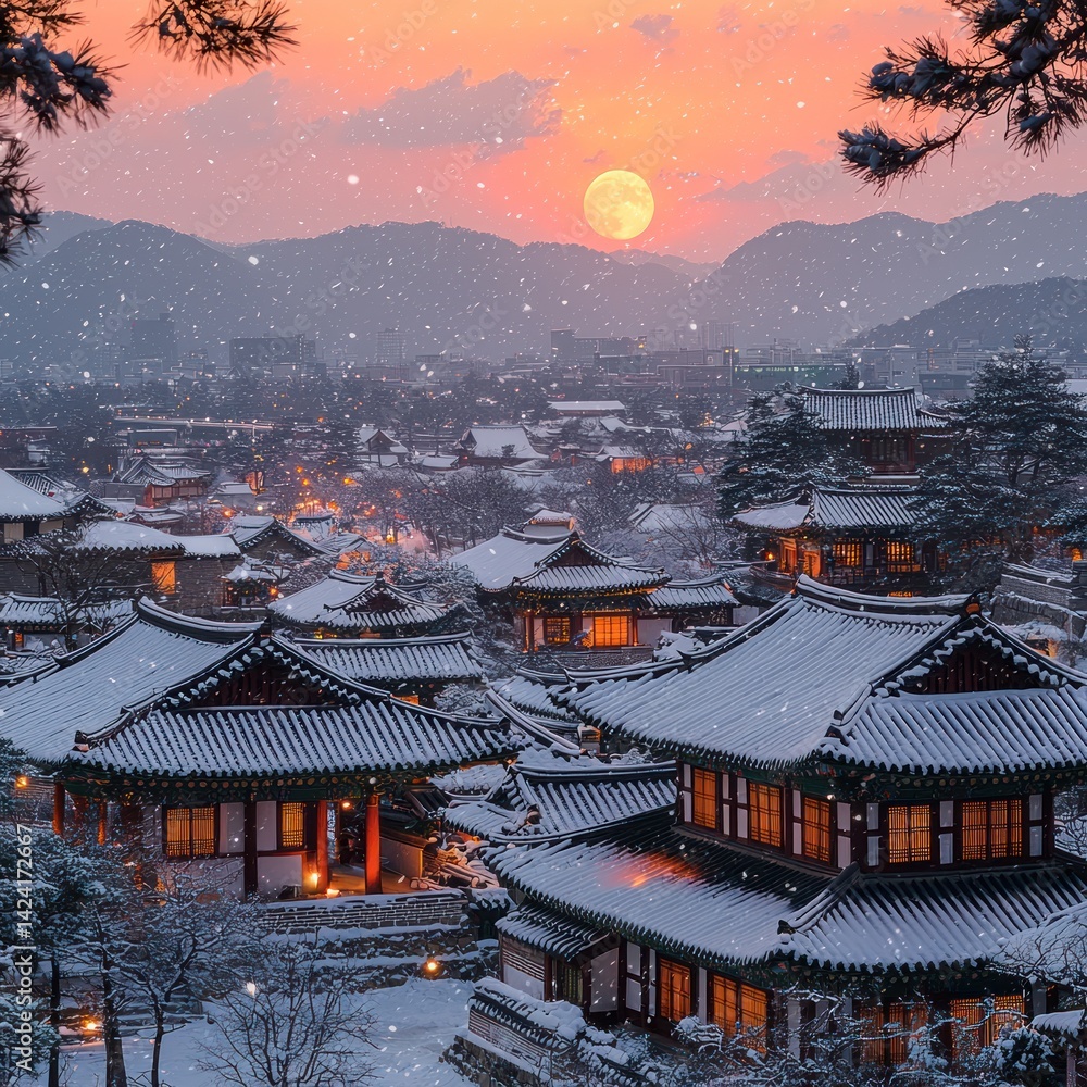 Obraz premium Winter's embrace over traditional Korean architecture in serene landscape