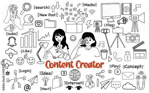 content creator influence hand drawn doodle icon set element