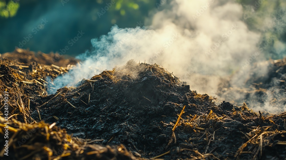 Pile of Compost Steaming with Visible Heat on a Farm