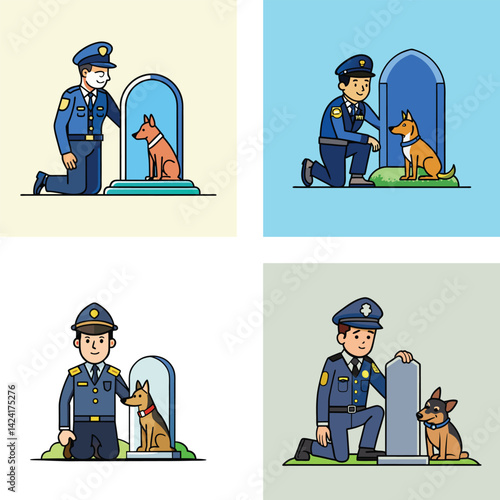 Policeman And K9 Dog Memorial Graphic Illustration Set In Simple Cartoon Style