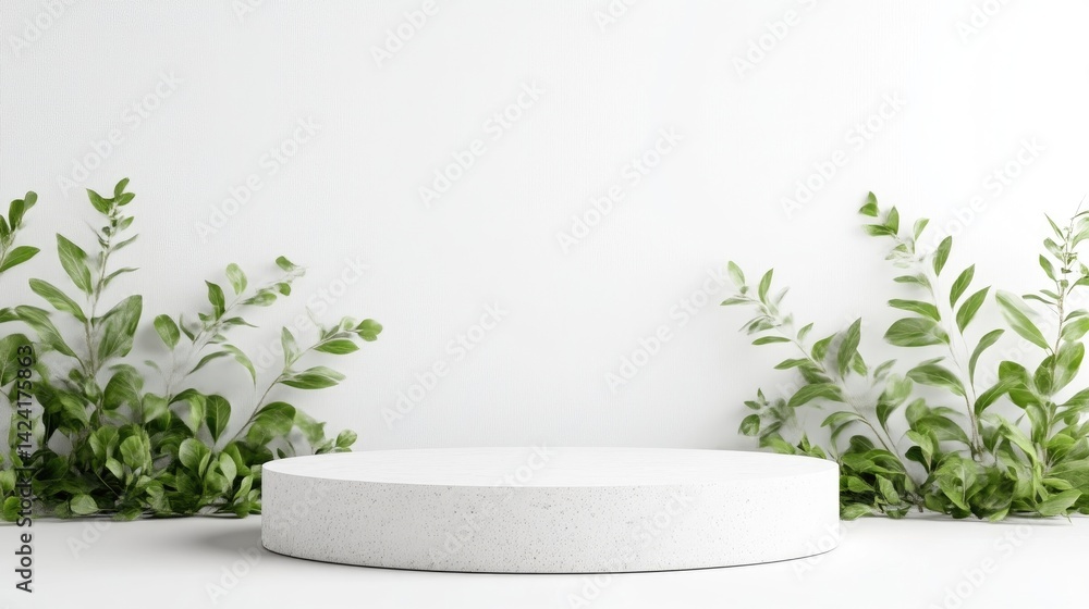 Minimalist white product display with greenery Minimalist white product display with greenery