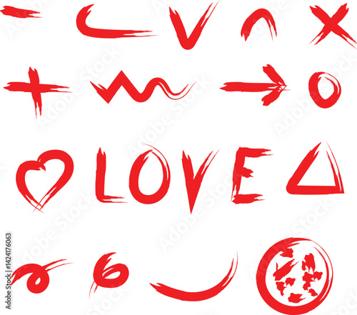 Red grunge brush stroke symbols and love typography vector on white background
