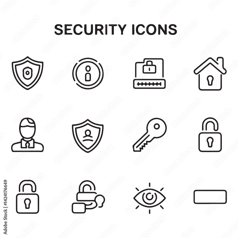 Set of Security web icons in line black style. Guard, cyber security, password, smart home, safety, data protection, key, shield, lock, unlock, eye access. Security outline icon set. Set of Security web icons in line black style. Guard, cyber security, password, smart home, safety, data protection, key, shield, lock, unlock, eye access. Security outline icon set.
