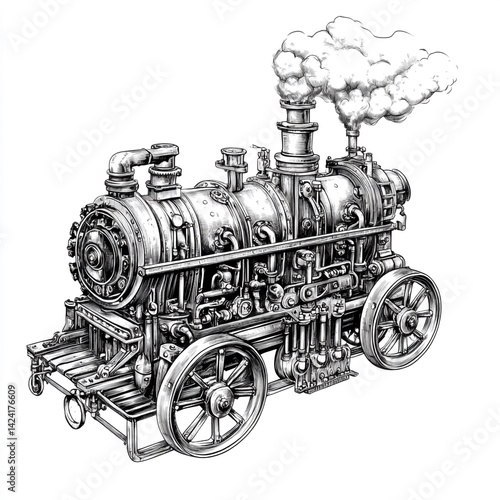 Wallpaper Mural Detailed monochrome drawing of a steam powered traction engine with smoke on a white background Torontodigital.ca