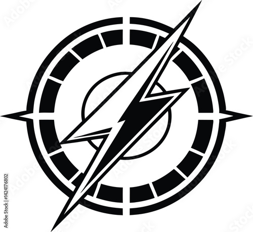 AdFuturistic black lightning bolt emblem with circular compass design, symbolizing energy, power, direction, and speed in a dynamic vector graphic.obe Illustrator Artwork