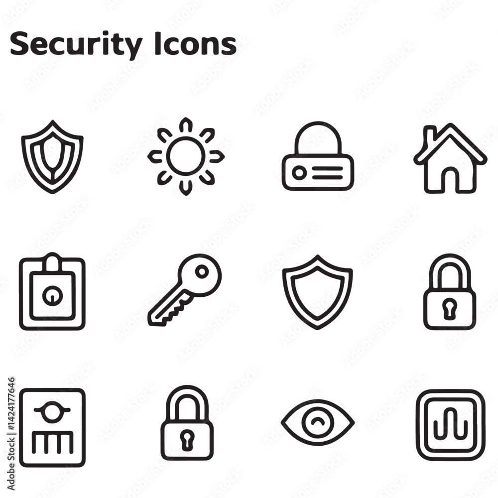 Fototapeta premium Set of Security web icons in line black style. Guard, cyber security, password, smart home, safety, data protection, key, shield, lock, unlock, eye access. Security outline icon set.