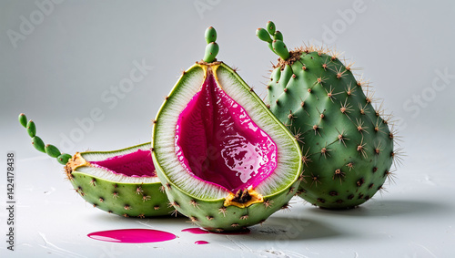 Prickly Pear Cactus Fruit Still Life Vibrant Pink Pulp And Spiky Green Skin photo