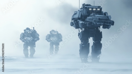 Futuristic mechanized troops march across a snowy landscape.  Heavy weaponry and armored vehicles are prominent features in the icy scene