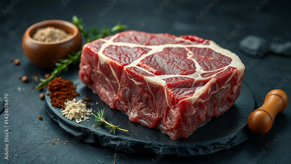 Fresh raw marbled beef rib eye steak and spices on black stone background copy space Fresh raw marbled beef rib eye steak and spices on black stone background copy space