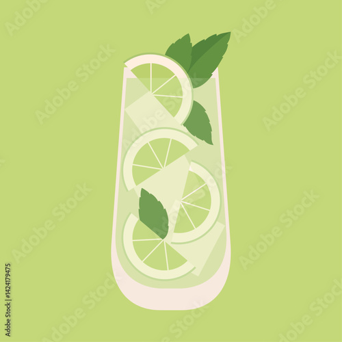 Mojito cocktail. Vector illustration of refreshing summer drink in highball glass with mint, lime and ice.