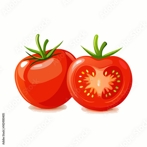 Illustration Of Two Fresh Tomatoes One Cut Open On White Background