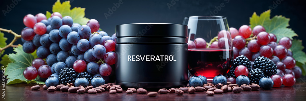 container with inscription Resveratrol, grapes, red wine, cocoa beans, blueberries