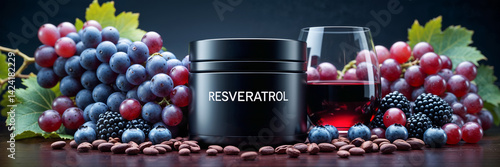 Obraz na płótnie container with inscription Resveratrol, grapes, red wine, cocoa beans, blueberries w salonie