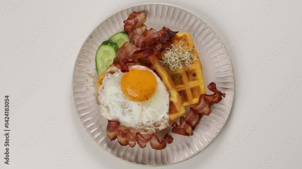 top view of breakfast egg and bacon waffles top view of breakfast egg and bacon waffles