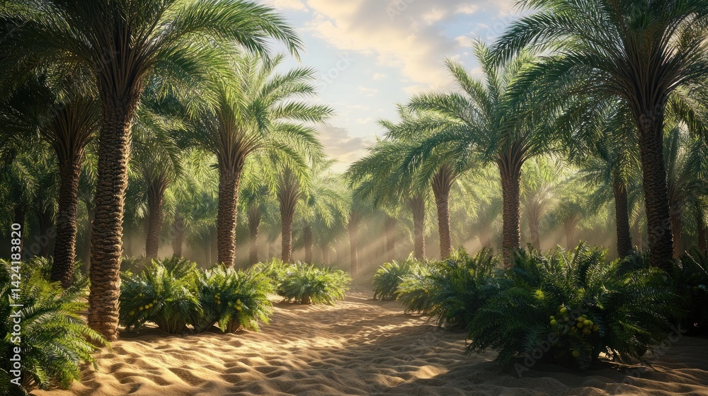 Fototapeta premium Lush palm grove pathway in desert sunlight