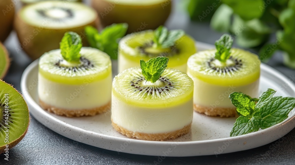 Fresh kiwi cheesecake bites on a plate. Fresh kiwi cheesecake bites on a plate.
