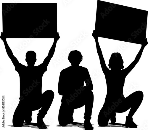 Powerful Silhouette Black Protesters Kneeling Figures with Signs