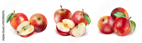 Watercolor apple. Red fruit compositions for juice, autumn food. Label of nature harvest dessert. Realistic image. 3d fresh delicious whole and half product isolated. Vector illustration