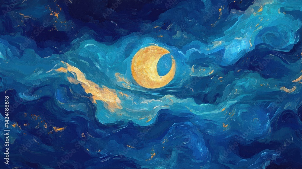 Glowing moon on a blue sky abstract background. Seamless vector pattern in the style of impressionist paintings.