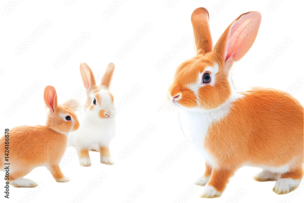 Three Bunnies With Orange And White Fur Isolated Photo On Transparent Background Three Bunnies With Orange And White Fur Isolated Photo On Transparent Background