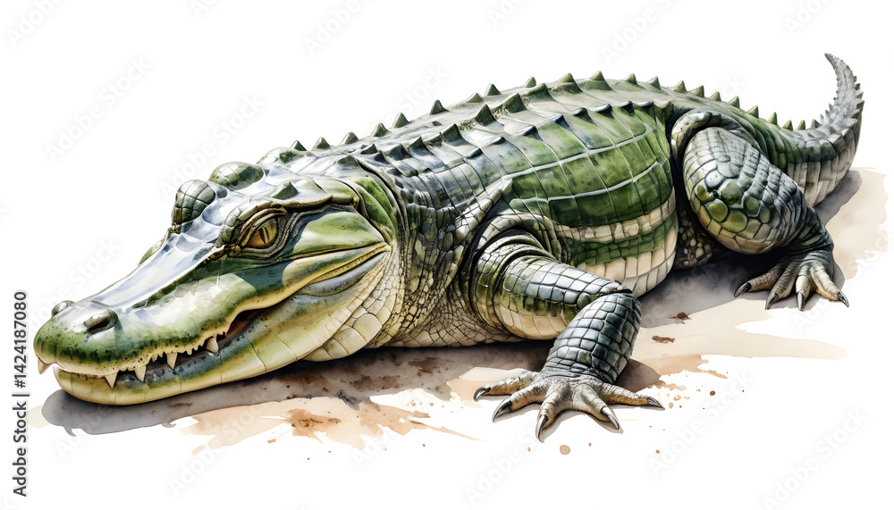Naklejka premium Crocodile resting on riverbank wildlife observation natural habitat close-up reptile behavior