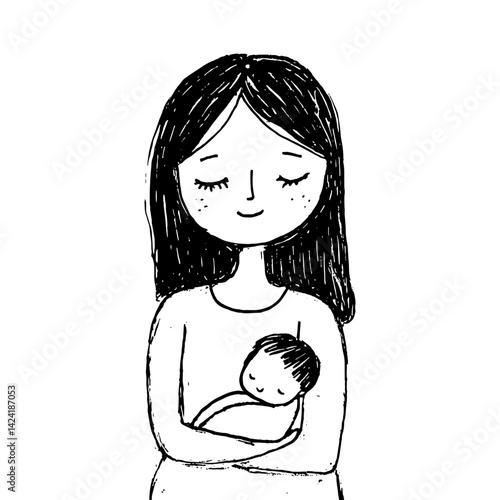 Heartwarming vector illustration of mother cradling sleeping baby, capturing bond of love and tenderness. Ideal for parenting, family, and newborn-themed projects.