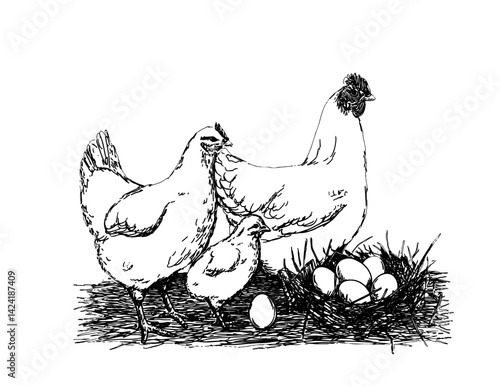 Charming vector illustration of a hen family with two chickens and a nest of eggs. Perfect for farm, food, and family themes. Ideal for websites, prints, and educational materials.