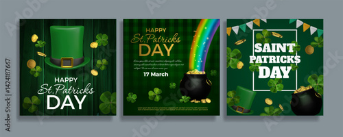 St Patrick day. Irish leprechaun. National holiday party poster. Pot with gold coins. Lucky clover. Green hat and luck money. Ireland festival. Dwarf on rainbow. Vector greeting cards set