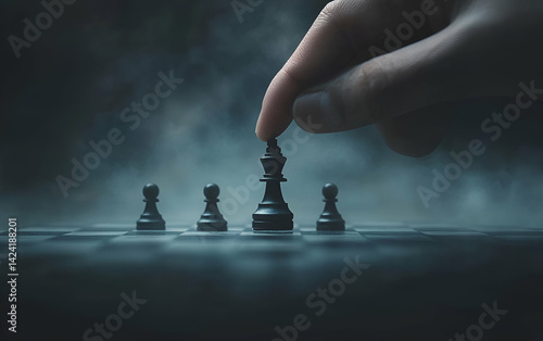 A hand strategically moves a black chess piece on a dark and misty chessboard, symbolizing strategy and competition.