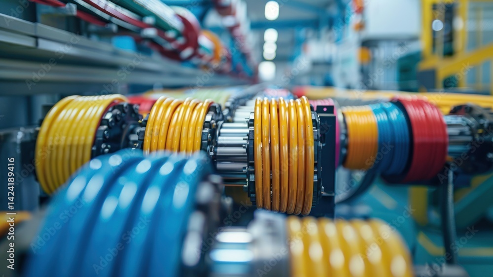 Obraz premium Close-up of industrial cable spools with colorful wiring in a factory setting.