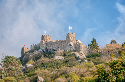 The Moorish Castle (or Castle of the Moors) sits isolated on the very top of Sintra's Hills, surrounded by incredible walls. In Sintra, Portuguese Riviera, Portugal.