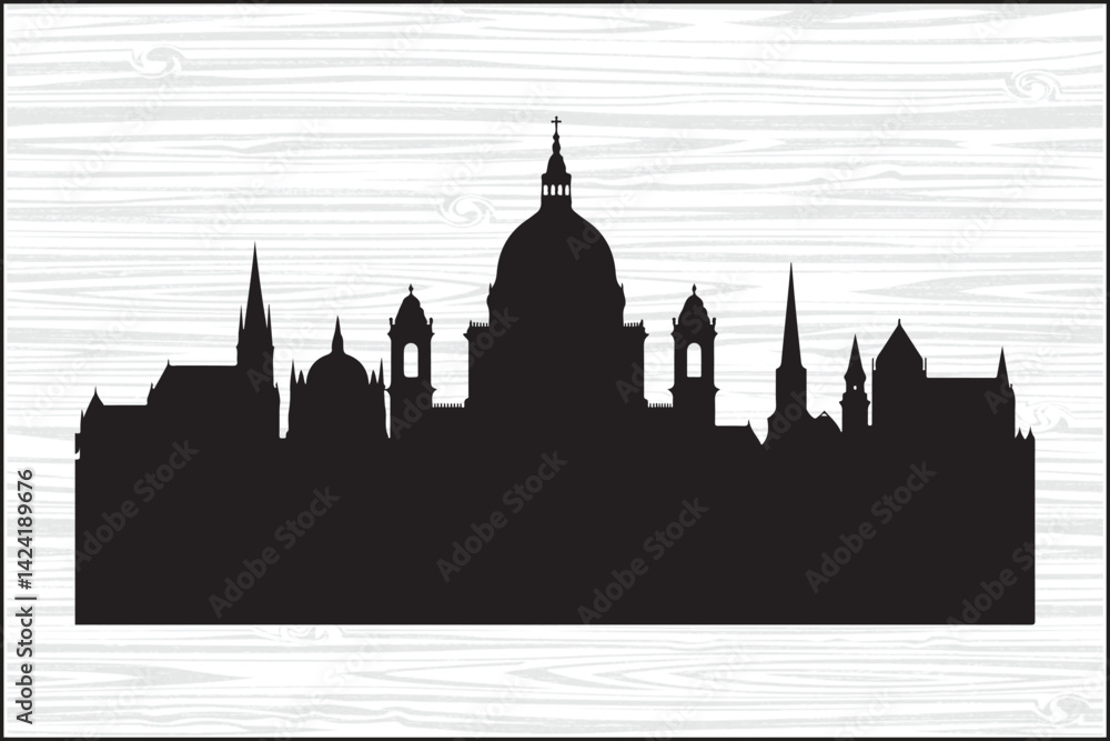 Obraz premium Historic City Skyline Silhouette Vector – Classic European ArchitectureUrban Skyline Silhouette with Domes and Towers – PNG SVG EPS BundleBlack Cityscape Silhouette of Iconic Buildings – Vector Il