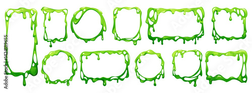 Green slime. Drip frame different shapes, circle and square mucus texture or png sticky splat with copy space for text. Liquid paint or glue blob. Vector melting jelly isolated borders