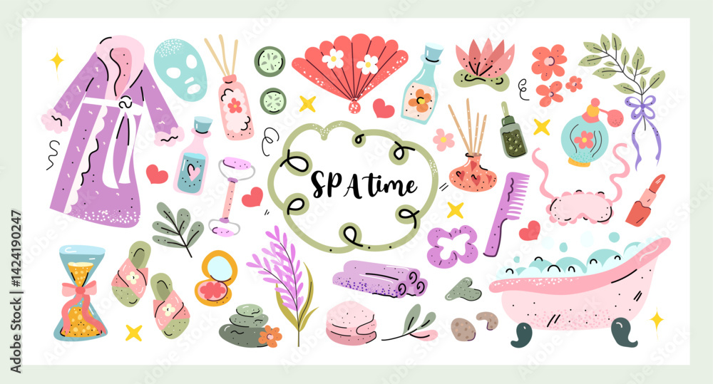 Coquette Spa Time Set a soft hand-drawn vector collection with spa and self-care elements like bathrobe, face mask, oils, bath and flowers in pastel tones, perfect for wellness and beauty designs. Coquette Spa Time Set a soft hand-drawn vector collection with spa and self-care elements like bathrobe, face mask, oils, bath and flowers in pastel tones, perfect for wellness and beauty designs.
