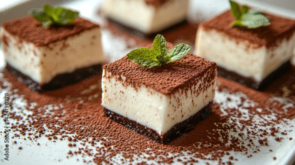 Square tiramisu desserts garnished with cocoa powder and mint. Square tiramisu desserts garnished with cocoa powder and mint.