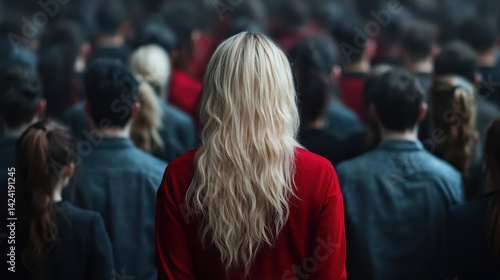 A lone figure in vibrant red attire captures attention among a crowd, emphasizing individual expression within a sea of people, reflecting uniqueness in a shared space.